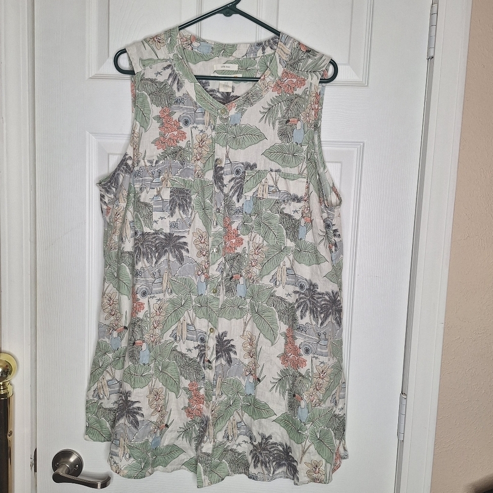 C&C California top beige green tropical leaves button sleeveless linen Size 2X